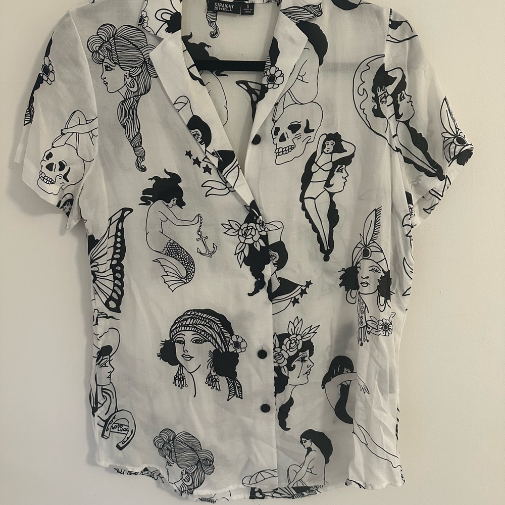 Black and White Graphic Button-Up Shirt, Size S, Straight to Hell
